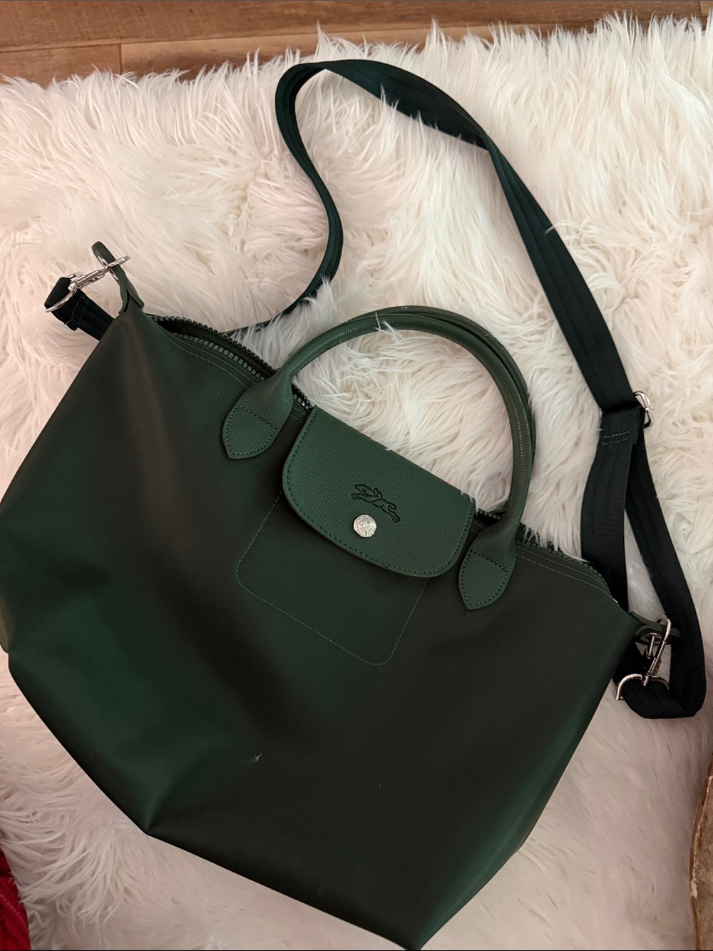Longchamp Green Nylon Le Pliage Tote with Crossbody Strap
